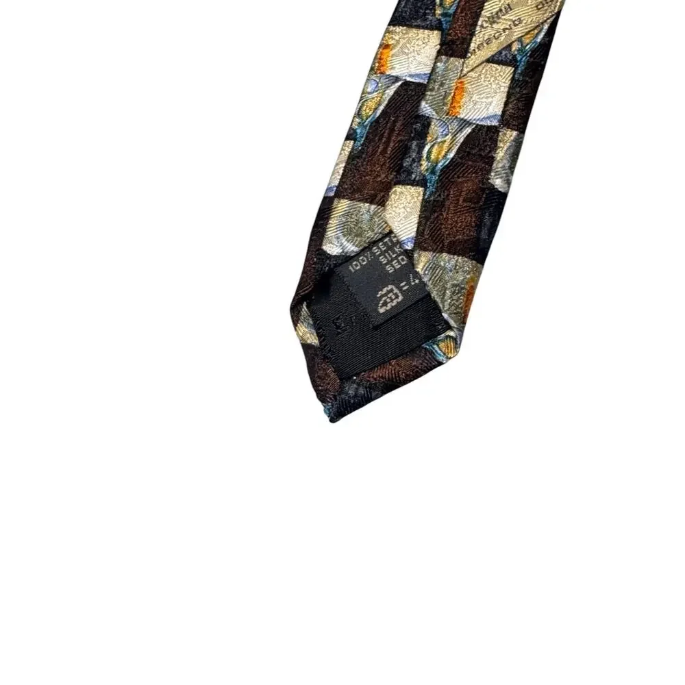 Ermenegildo Zegna Neck Tie Mens One Size Brown Silk Checkered Calla Lily Floral